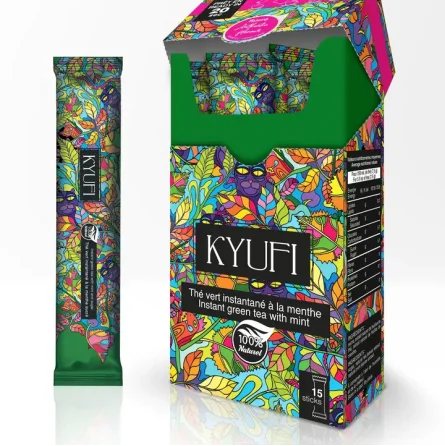 Kyufi Instant Grüner Tee mit Minze – 15 Sticks - mit Zucker